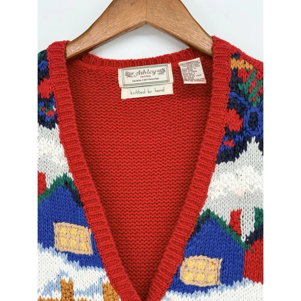 Vtg Ashley Petites Medium Hand Knit Christmas Sweater Cardigan V-Neck Button Red